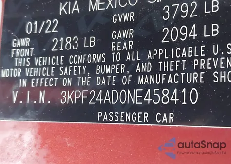 2022 Kia Forte Lxs from USA, damaged, VIN 3KPF24AD0NE458410